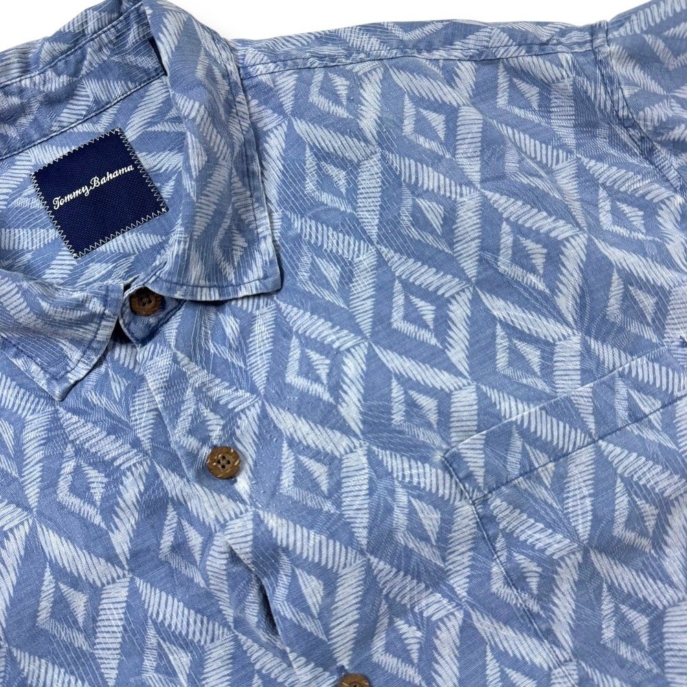 Tommy Bahama Mens XXL Blue Diamond Silk Blend Short Sleeve Button Down Shirt